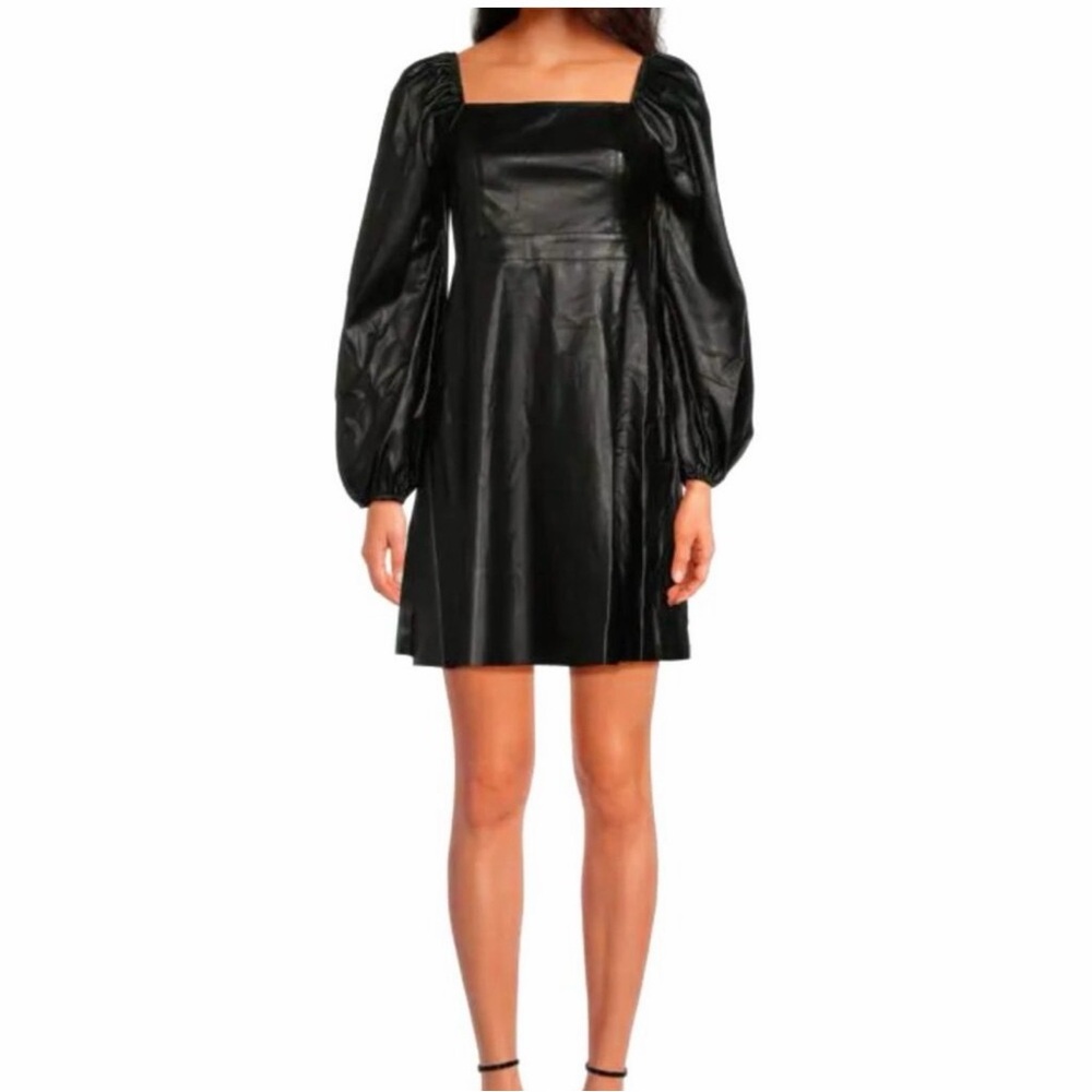 Area Stars Faux Leather Mini Dress Black Long Puff Sleeves Lace Up Square Neck M